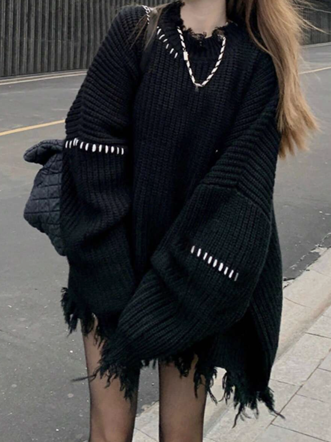 Áo Len Oversized Rách Gấu Tua Rua Phối Chỉ Nổi - Sweater Dệt Kim Form Rộng Phong Cách Grunge/Ulzzang (Màu Đen) - Image 1