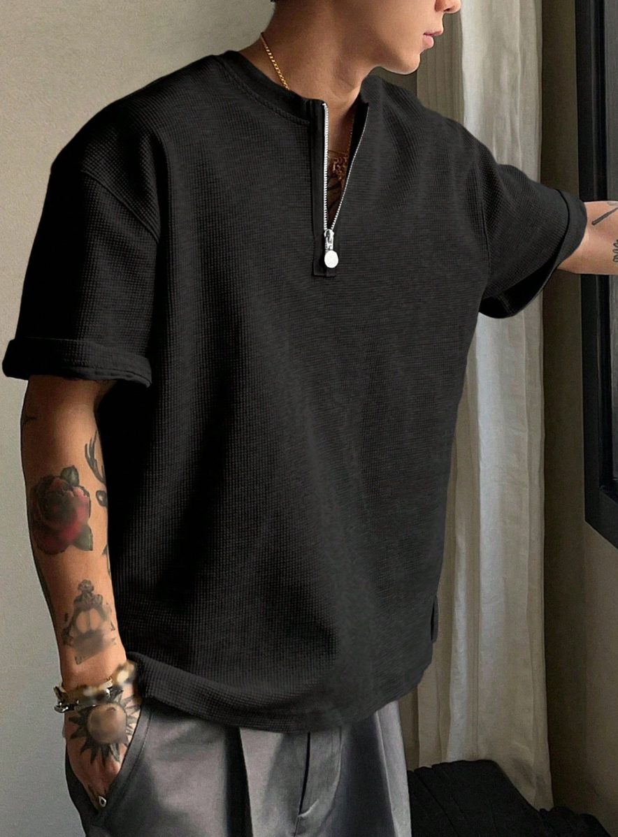 Áo Thun Waffle Dệt Tổ Ong Cổ Half-Zip - Áo Polo Nam Form Rộng Phong Cách Hàn Quốc Minimalist (Màu Đen) - Image 2