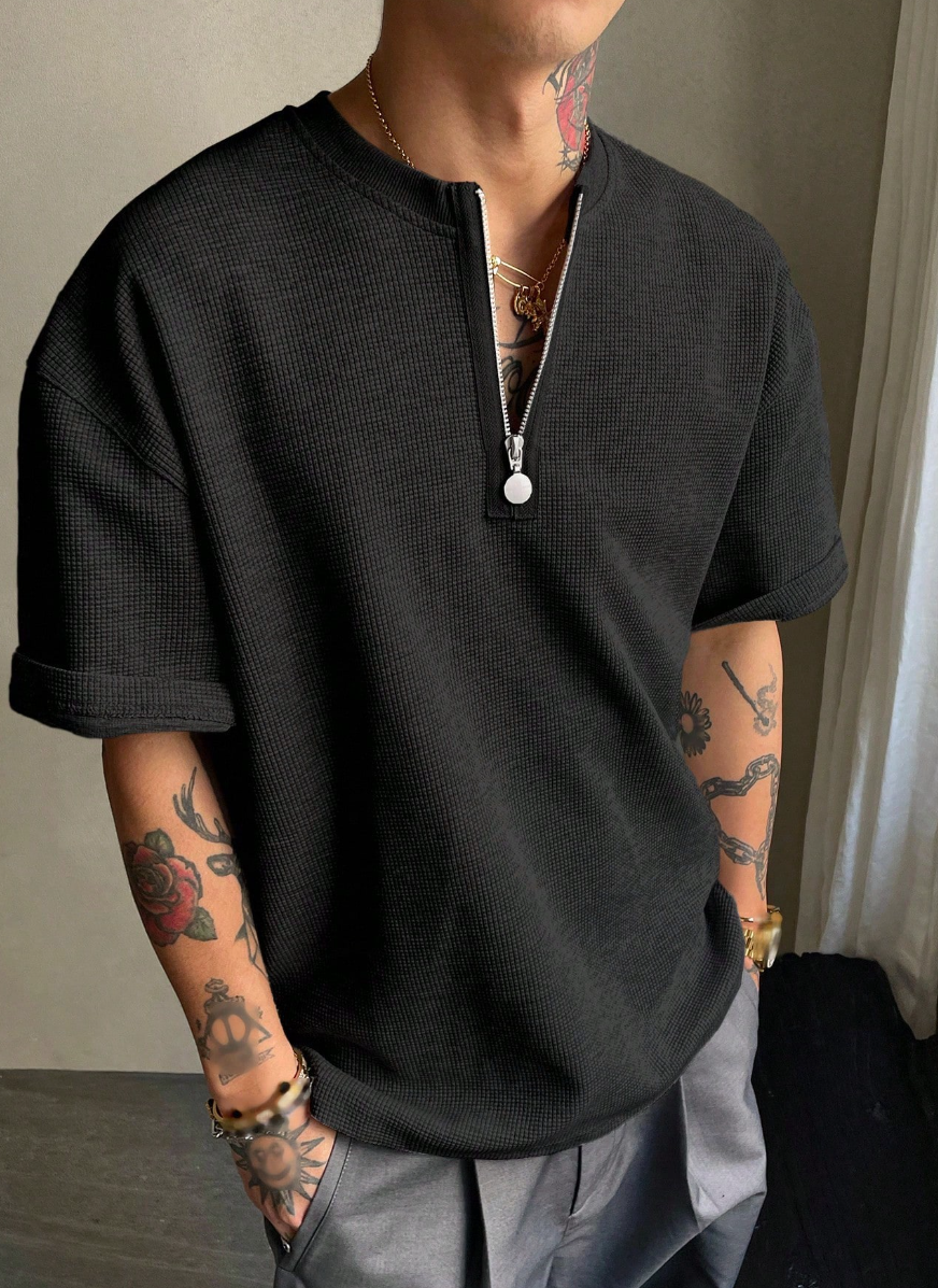 Áo Thun Waffle Dệt Tổ Ong Cổ Half-Zip - Áo Polo Nam Form Rộng Phong Cách Hàn Quốc Minimalist (Màu Đen) - Image 3