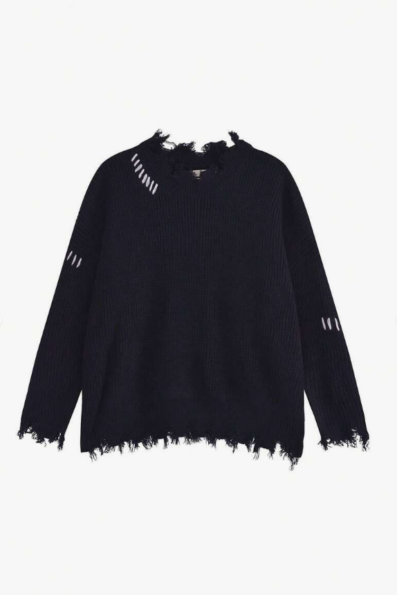 Áo Len Oversized Rách Gấu Tua Rua Phối Chỉ Nổi - Sweater Dệt Kim Form Rộng Phong Cách Grunge/Ulzzang (Màu Đen) - Image 2