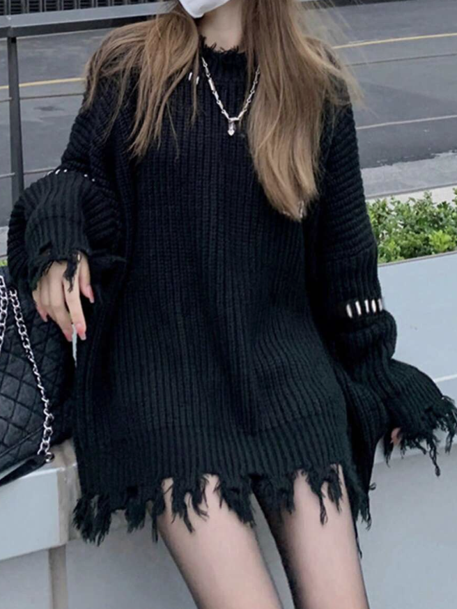 Áo Len Oversized Rách Gấu Tua Rua Phối Chỉ Nổi - Sweater Dệt Kim Form Rộng Phong Cách Grunge/Ulzzang (Màu Đen) - Image 3