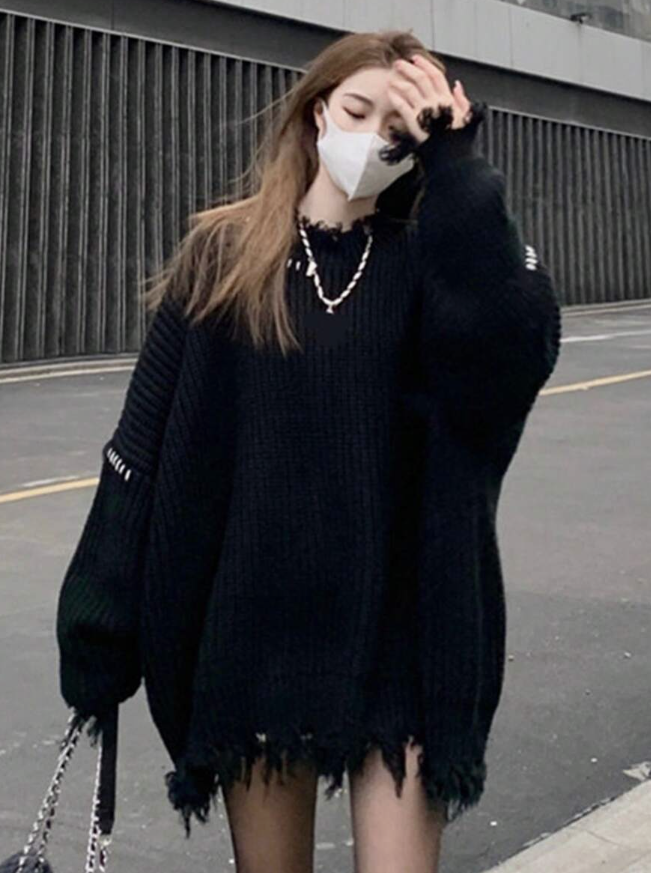 Áo Len Oversized Rách Gấu Tua Rua Phối Chỉ Nổi - Sweater Dệt Kim Form Rộng Phong Cách Grunge/Ulzzang (Màu Đen) - Image 4