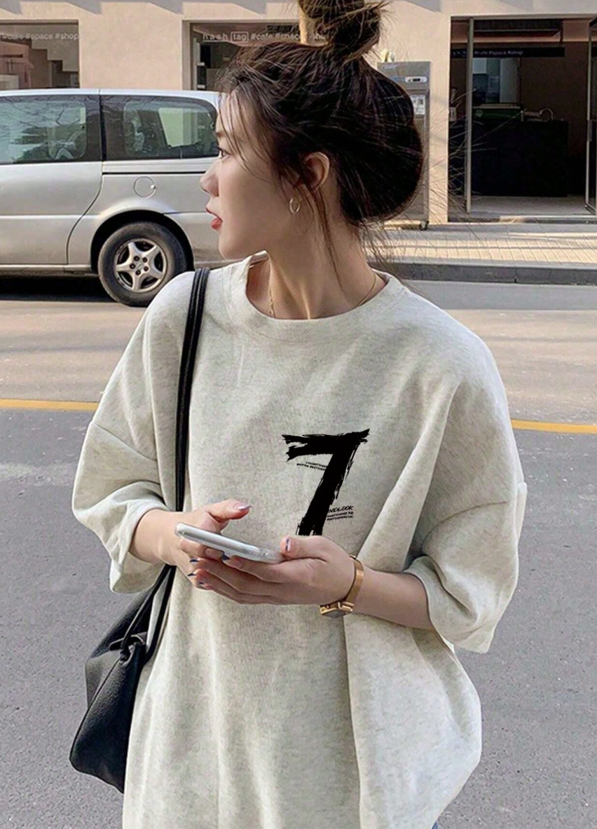 Áo Thun Unisex Oversized Graphic Số 7 Phết Mực - Tee Phông Rộng Màu Kem Phong Cách Streetwear Hàn Quốc (Màu Kem) - Image 2