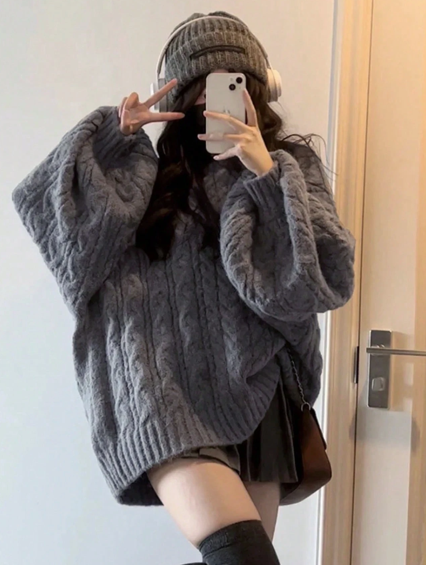 Áo Len Vặn Thừng Tay Phồng Oversized - Sweater Dệt Kim Dáng Rộng Phong Cách Hàn Quốc (Màu Xám Ghi) - Image 1
