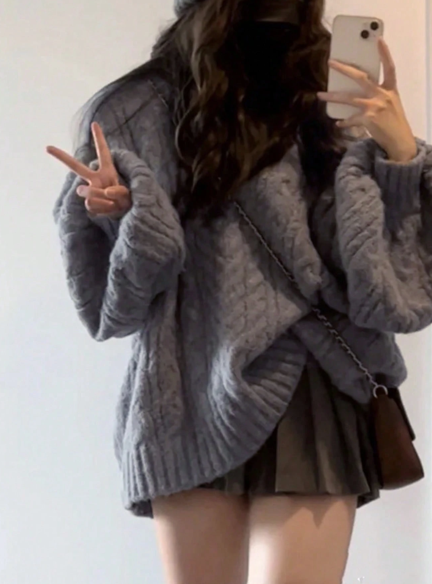 Áo Len Vặn Thừng Tay Phồng Oversized - Sweater Dệt Kim Dáng Rộng Phong Cách Hàn Quốc (Màu Xám Ghi) - Image 3