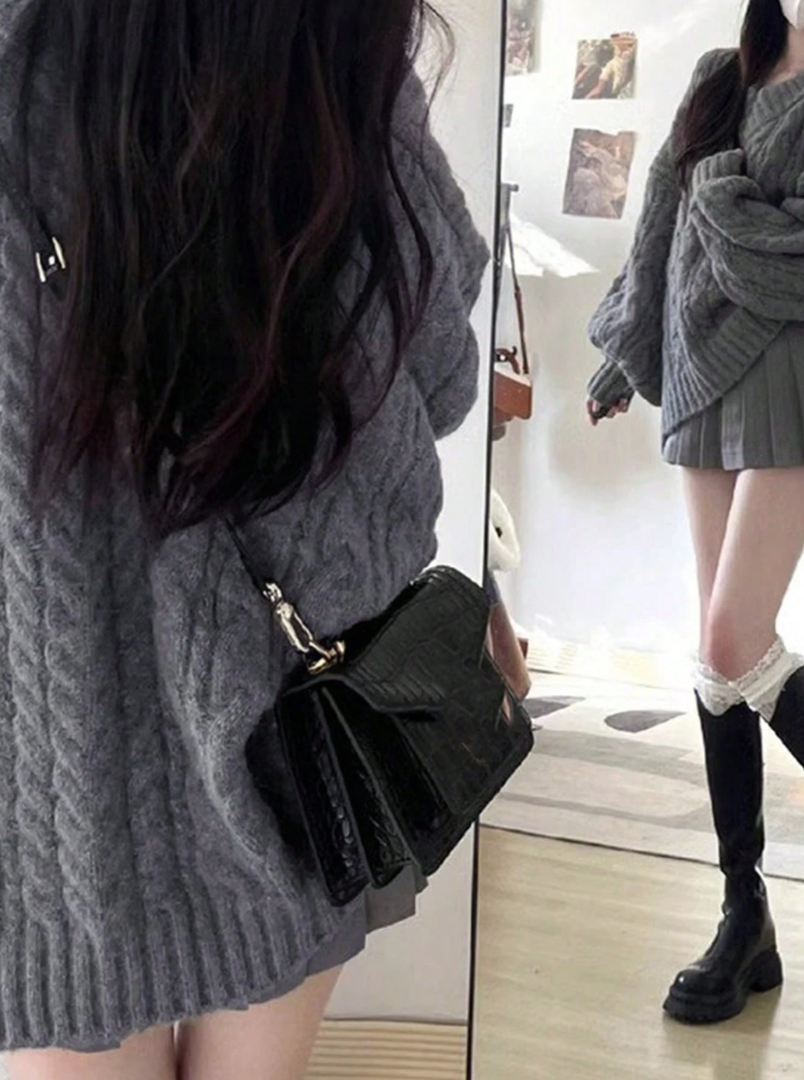 Áo Len Vặn Thừng Tay Phồng Oversized - Sweater Dệt Kim Dáng Rộng Phong Cách Hàn Quốc (Màu Xám Ghi) - Image 4