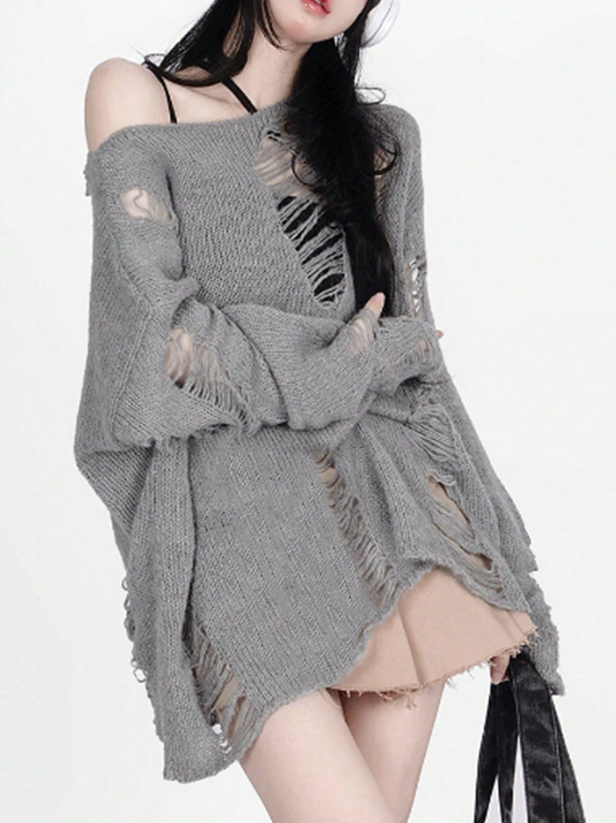 Áo Len Rách Tả Tơi Oversized Màu Xám - Sweater Dệt Kim Lỗ Phong Cách Grunge/Y2K (Màu Xám) - Image 2