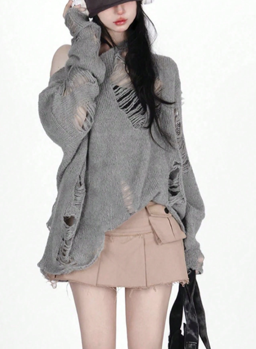 Áo Len Rách Tả Tơi Oversized Màu Xám - Sweater Dệt Kim Lỗ Phong Cách Grunge/Y2K (Màu Xám) - Image 3