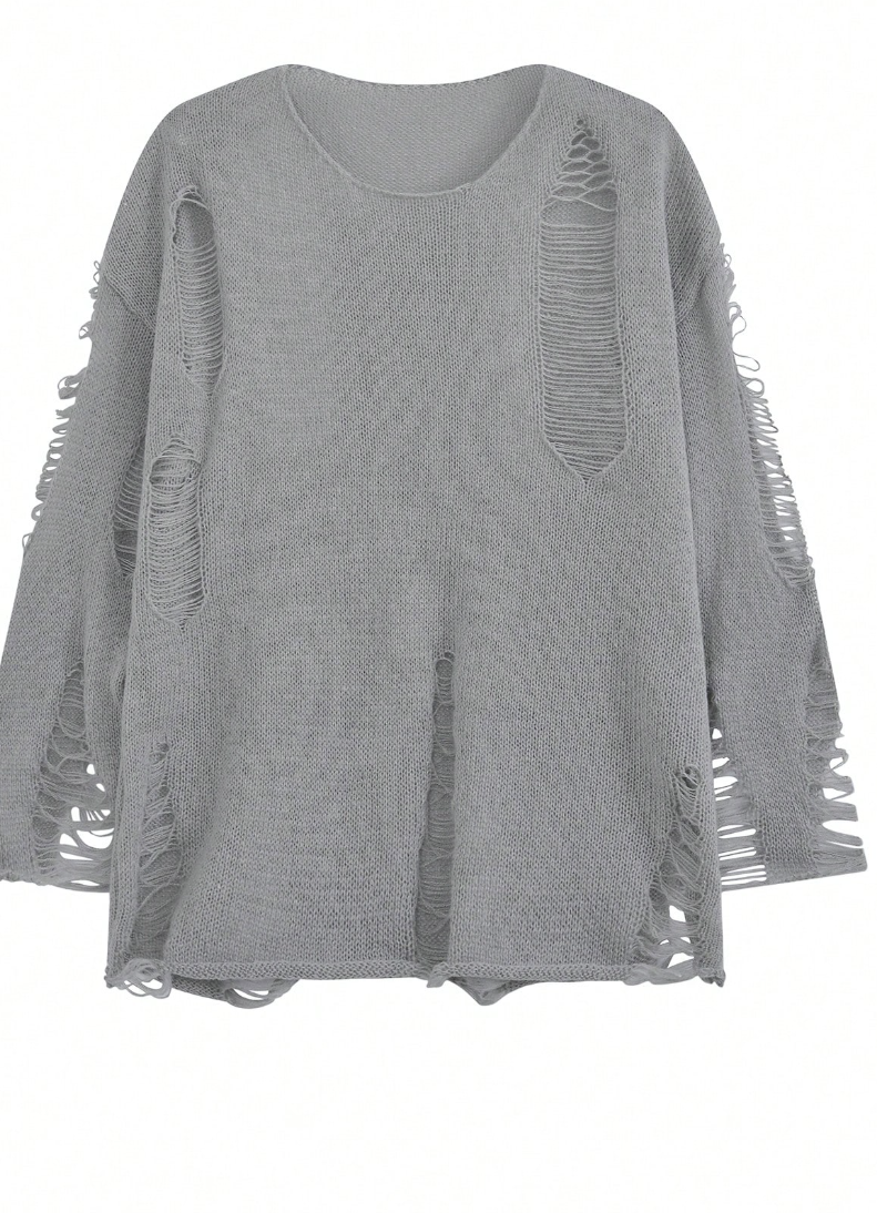 Áo Len Rách Tả Tơi Oversized Màu Xám - Sweater Dệt Kim Lỗ Phong Cách Grunge/Y2K (Màu Xám) - Image 4