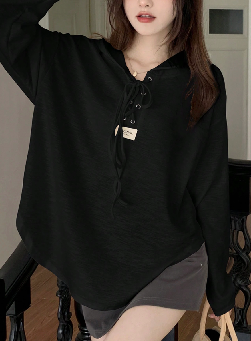 Áo Thun Hoodie Dài Tay Cổ Dây Buộc Form Rộng - Áo Phông Có Mũ Mỏng Nhẹ Style Ulzzang (Màu Đen) - Image 1