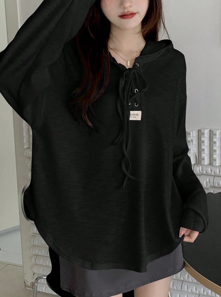 Áo Thun Hoodie Dài Tay Cổ Dây Buộc Form Rộng - Áo Phông Có Mũ Mỏng Nhẹ Style Ulzzang (Màu Đen) - Image 3