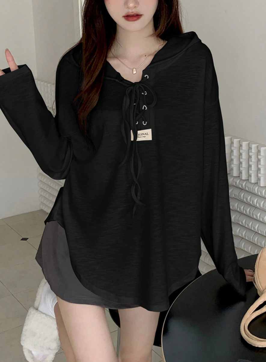 Áo Thun Hoodie Dài Tay Cổ Dây Buộc Form Rộng - Áo Phông Có Mũ Mỏng Nhẹ Style Ulzzang (Màu Đen) - Image 4