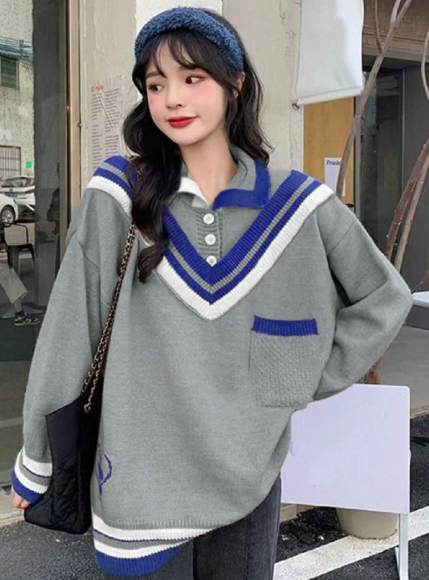 Áo Len Polo Oversized Viền Sọc Xanh - Sweater Dệt Kim Cổ Bẻ Phong Cách Preppy Học Đường (Màu Xám) - Image 1