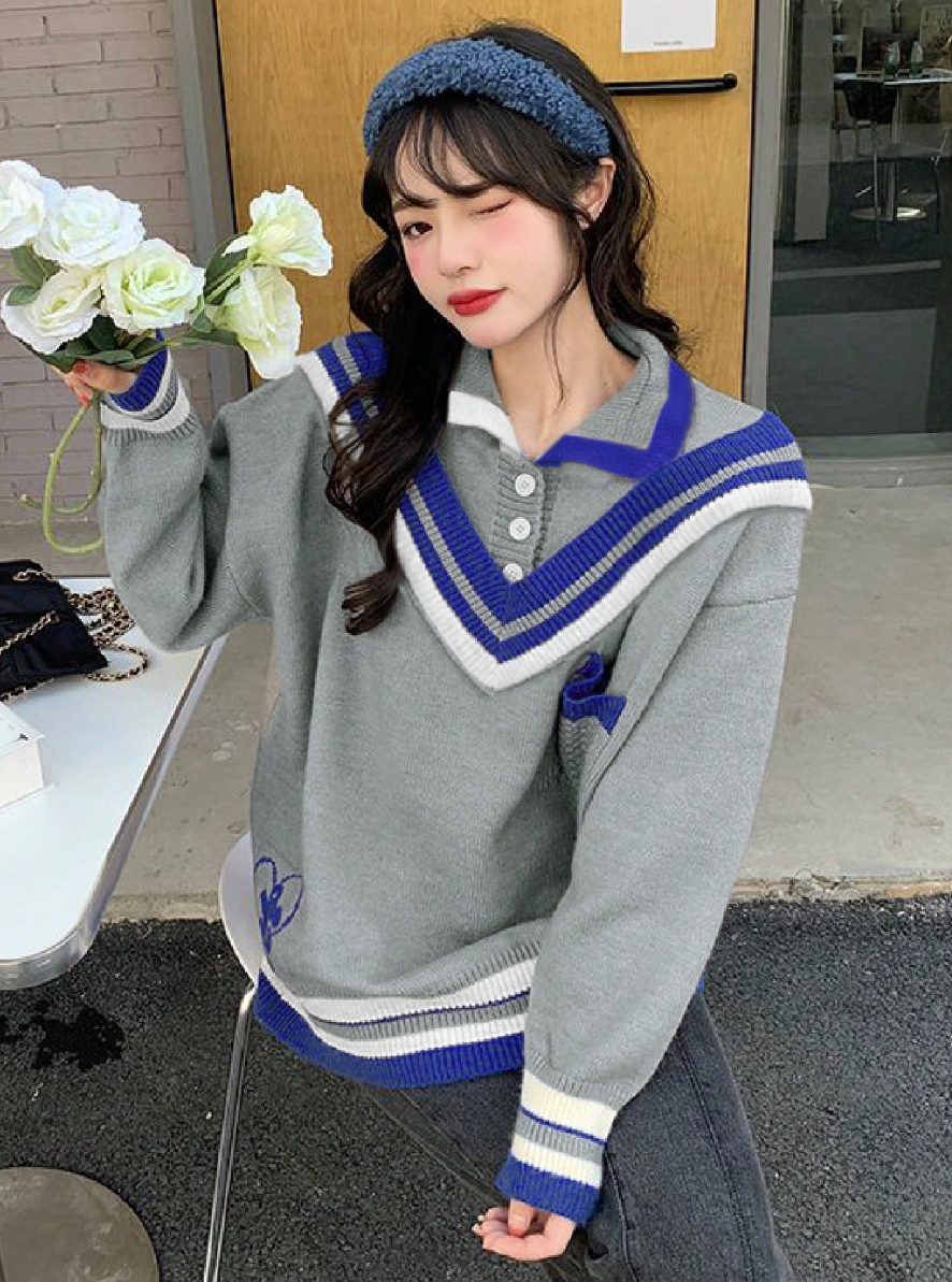 Áo Len Polo Oversized Viền Sọc Xanh - Sweater Dệt Kim Cổ Bẻ Phong Cách Preppy Học Đường (Màu Xám) - Image 3