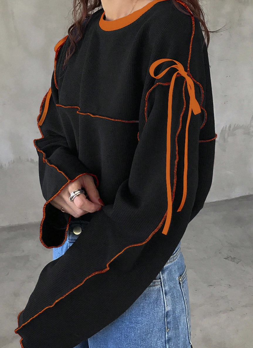 Áo Thun Dài Tay Oversized Phối Chỉ Nổi Màu Cam - Sweater Thiết Kế Dây Nơ Vai Phong Cách Streetwear Độc Đáo (Màu Đen) - Image 1