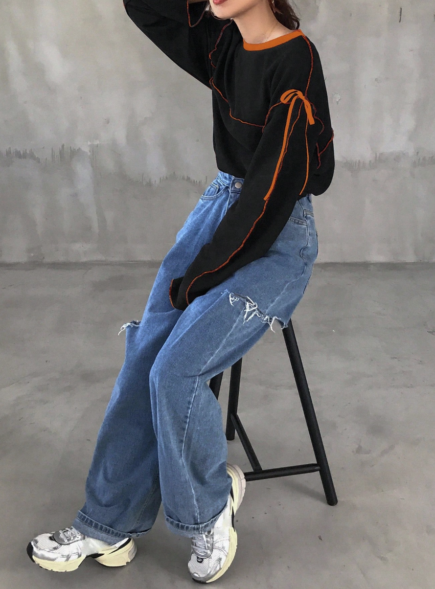 Áo Thun Dài Tay Oversized Phối Chỉ Nổi Màu Cam - Sweater Thiết Kế Dây Nơ Vai Phong Cách Streetwear Độc Đáo (Màu Đen) - Image 2