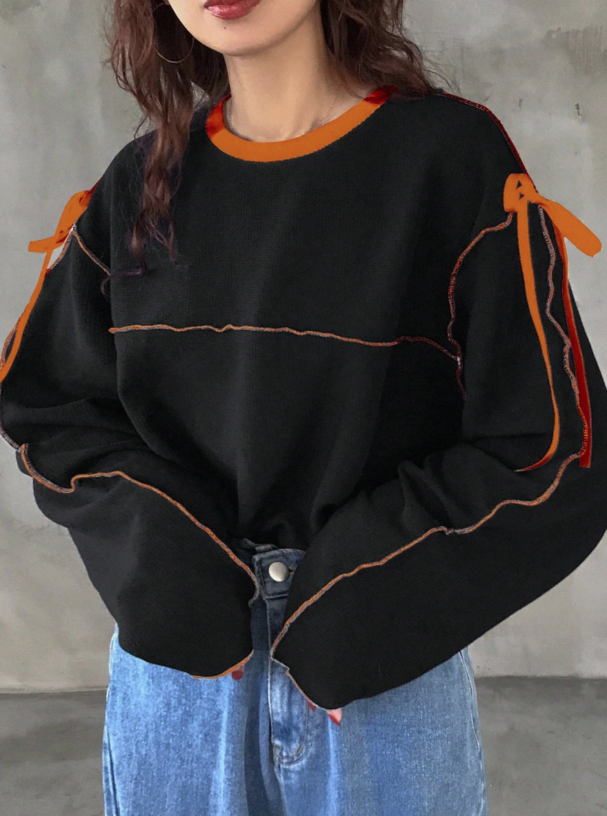 Áo Thun Dài Tay Oversized Phối Chỉ Nổi Màu Cam - Sweater Thiết Kế Dây Nơ Vai Phong Cách Streetwear Độc Đáo (Màu Đen) - Image 4