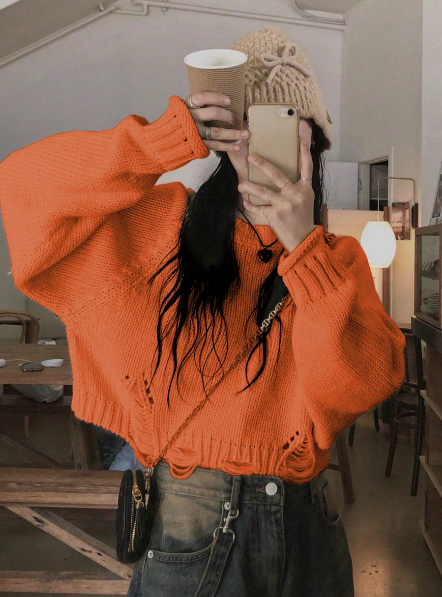 Áo Len Croptop Rách Gấu Màu Cam Tươi - Sweater Dáng Lửng Phong Cách Streetwear Nổi Bật (Màu Cam) - Image 1