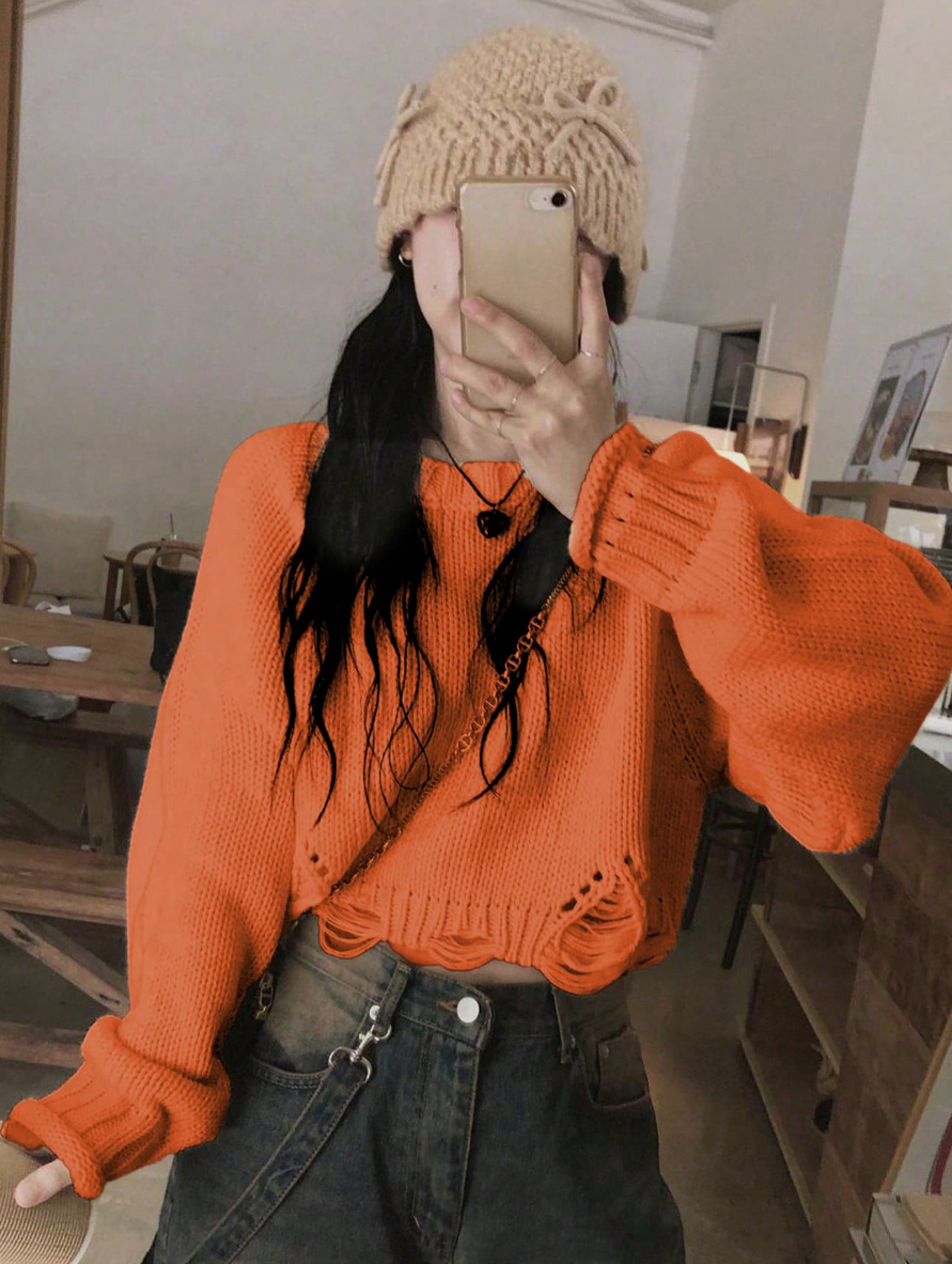 Áo Len Croptop Rách Gấu Màu Cam Tươi - Sweater Dáng Lửng Phong Cách Streetwear Nổi Bật (Màu Cam) - Image 3