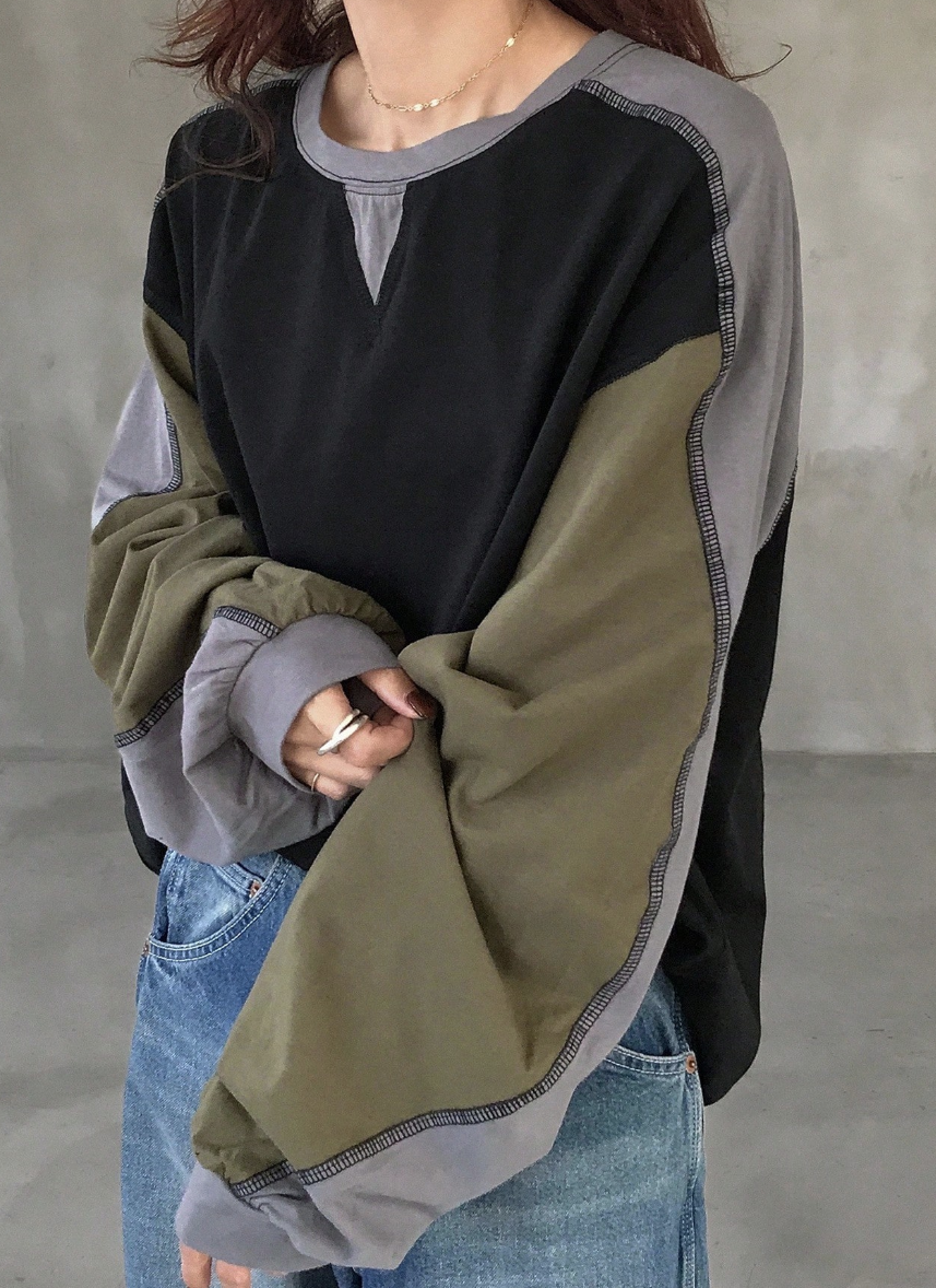 Áo Thun Dài Tay Oversized Phối Màu Color Block - Sweater Thun Cổ Tròn Style Vintage Nhật Bản (Đen Phối Rêu) - Image 1