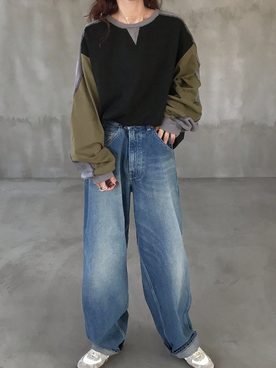 Áo Thun Dài Tay Oversized Phối Màu Color Block - Sweater Thun Cổ Tròn Style Vintage Nhật Bản (Đen Phối Rêu) - Image 2