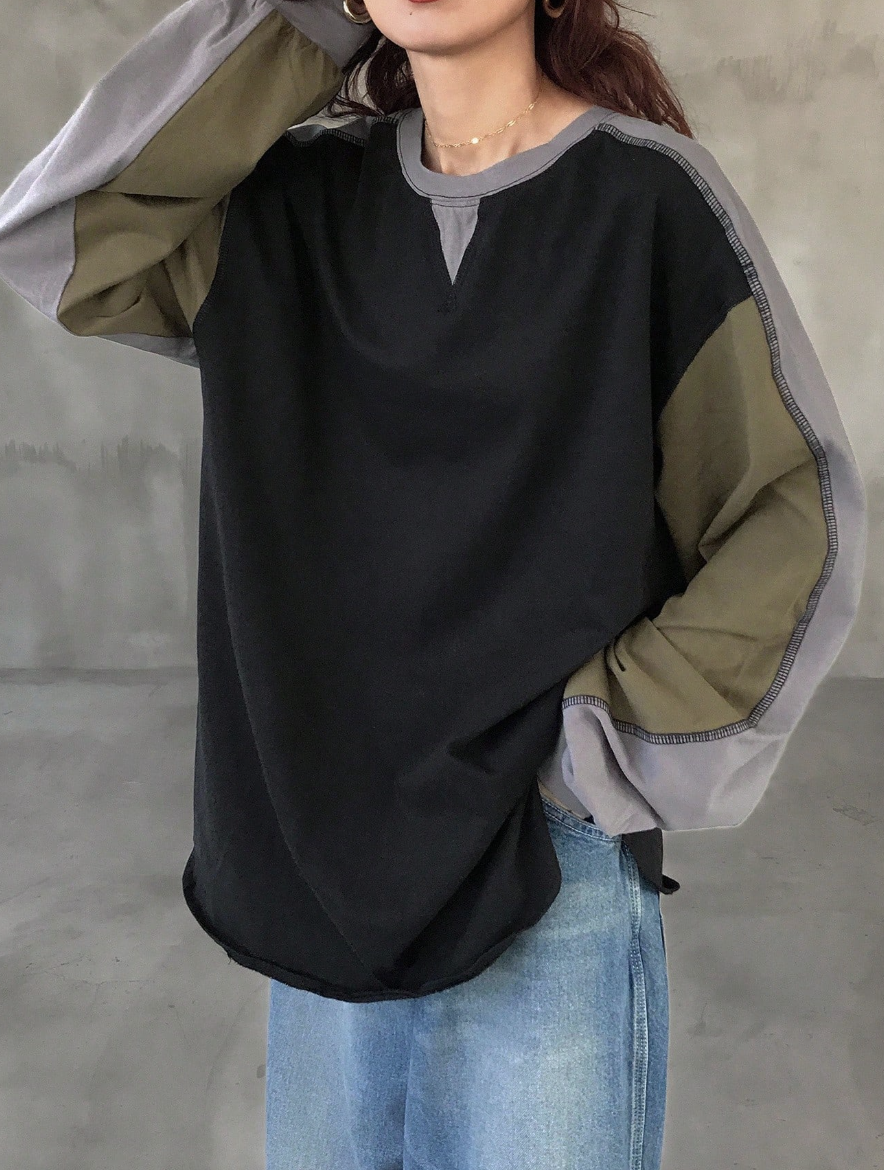 Áo Thun Dài Tay Oversized Phối Màu Color Block - Sweater Thun Cổ Tròn Style Vintage Nhật Bản (Đen Phối Rêu) - Image 3