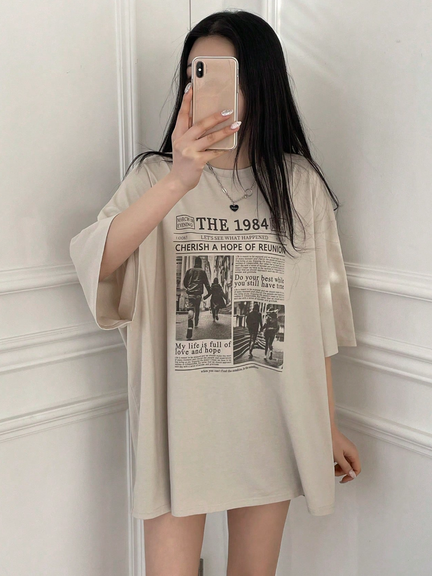 Áo Thun Unisex Oversized In Hình Báo The 1984 - Tee Phông Rộng Màu Be Phong Cách Retro Vintage (Màu Be) - Image 3