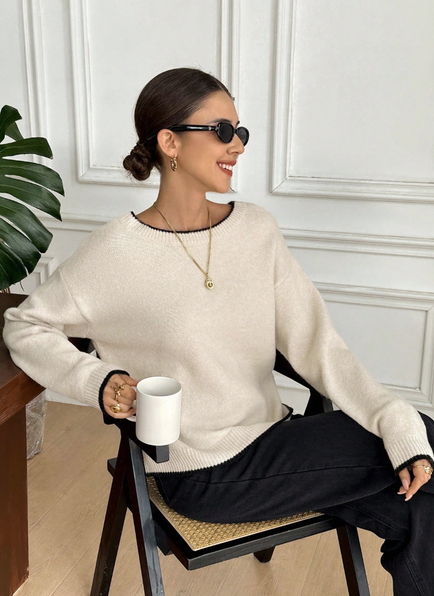 Áo Len Dệt Kim Phối Nơ Lưng - Sweater Cổ Tròn Viền Đen Phong Cách Coquette Tiểu Thư (Màu Kem) - Image 1