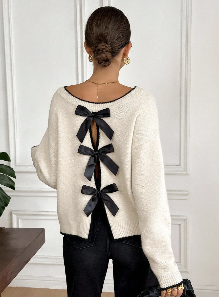 Áo Len Dệt Kim Phối Nơ Lưng - Sweater Cổ Tròn Viền Đen Phong Cách Coquette Tiểu Thư (Màu Kem) - Image 2