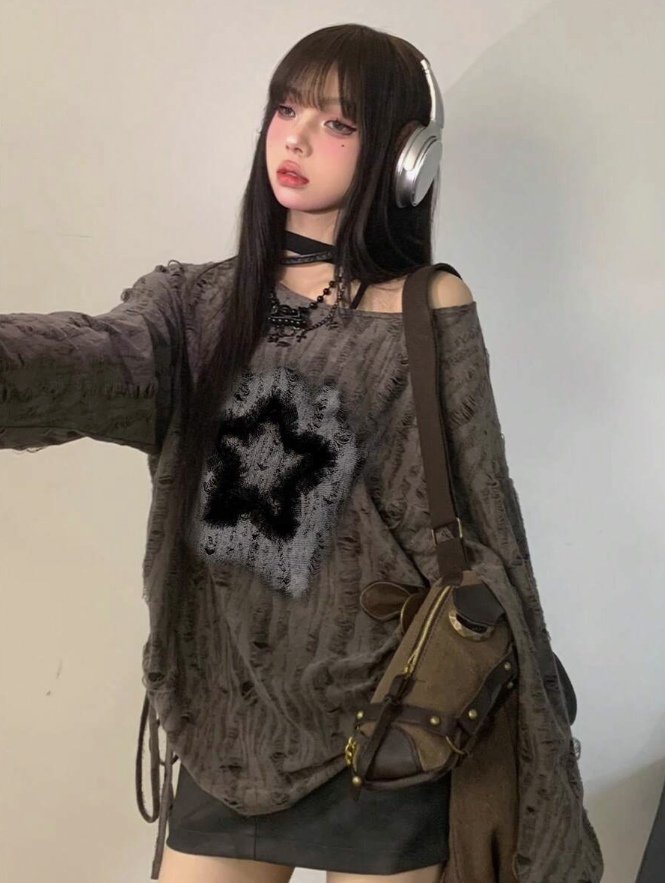 Áo Thun Dệt Kim Dài Tay Rách Tua Rua Họa Tiết Ngôi Sao - Áo Tee Oversized Phong Cách Grunge/Acubi (Màu Xám Đen) - Image 2