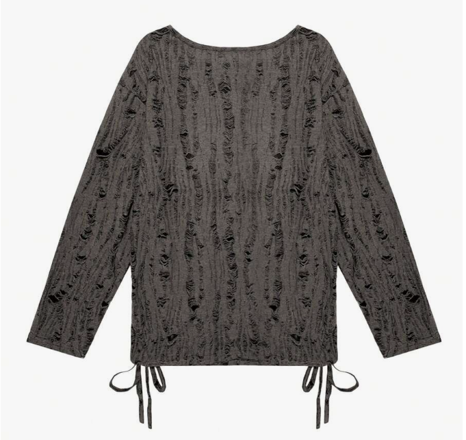 Áo Thun Dệt Kim Dài Tay Rách Tua Rua Họa Tiết Ngôi Sao - Áo Tee Oversized Phong Cách Grunge/Acubi (Màu Xám Đen) - Image 4